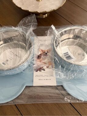 3 PC Laura Ashley Blue Stainless Steel Dog Bowls &  Non-Slip Mat Bone Shape